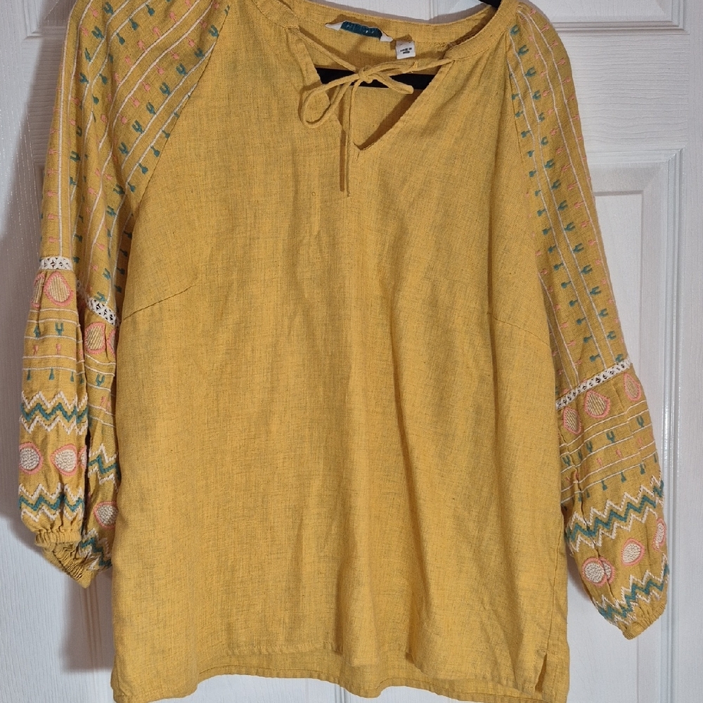 Boho Festival Cotton Pouf Embroidery Vneck Tie Tunic M Goldenrod
